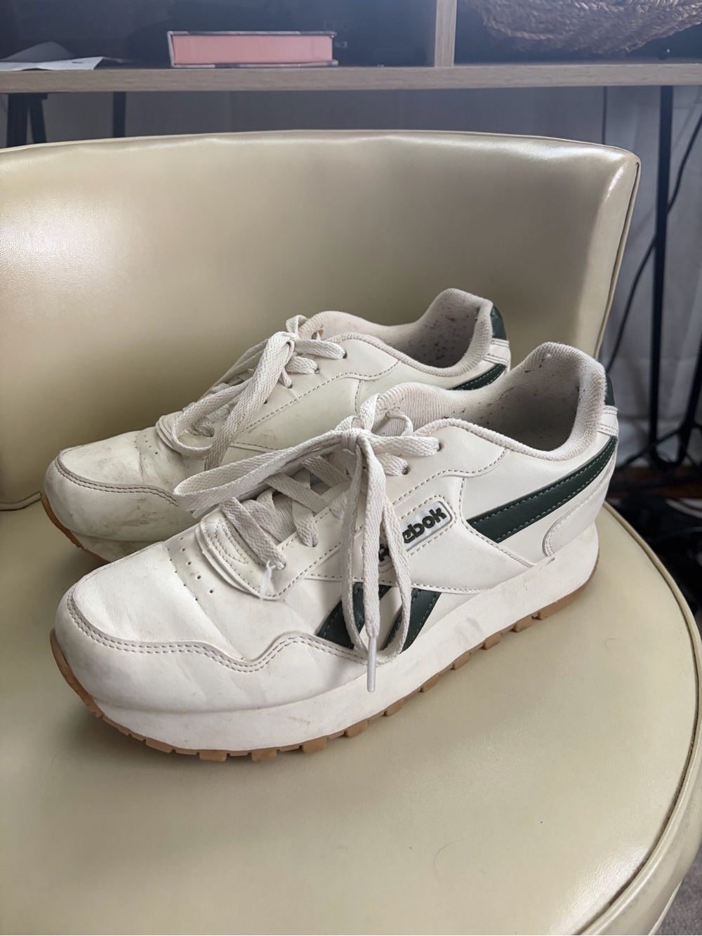 Reebok White Sneakers with Dark Green Stripes